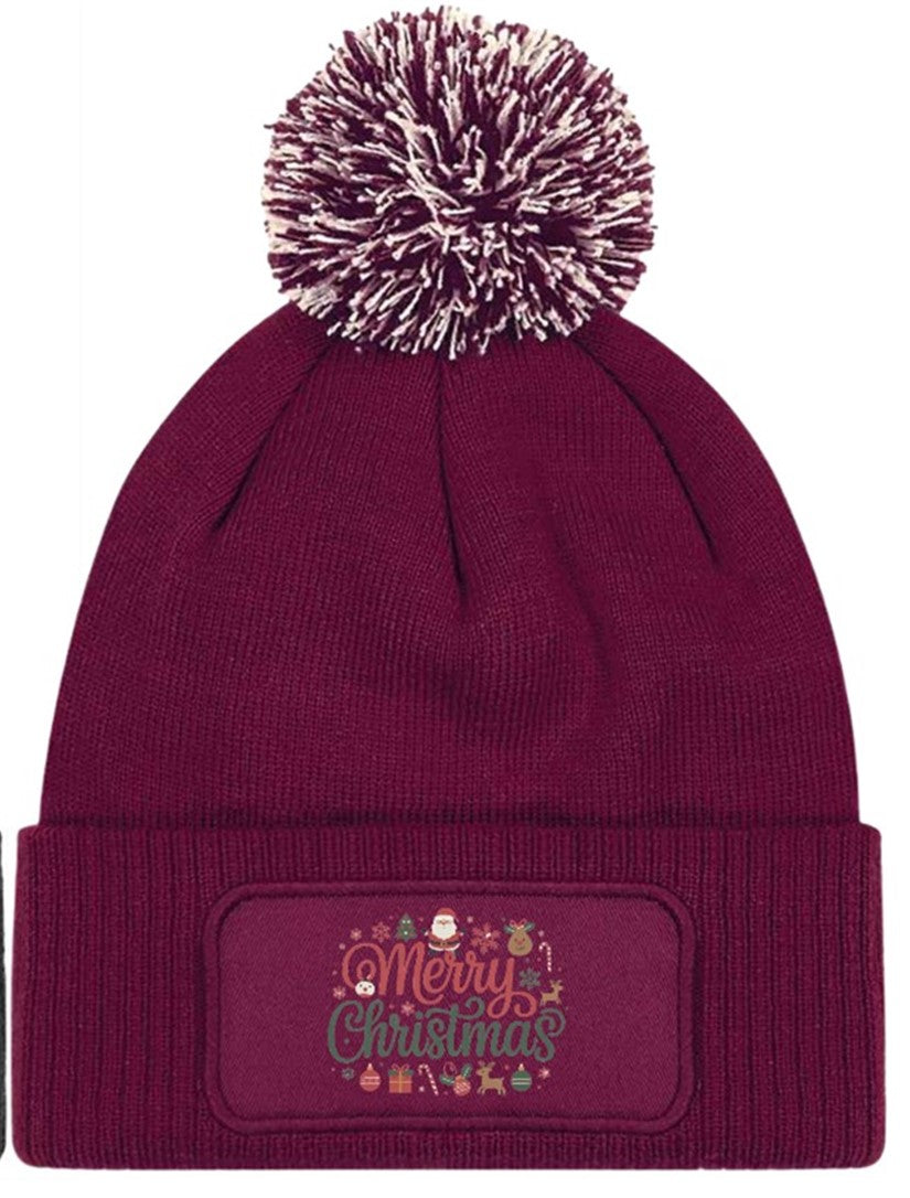 Merry Christmas Beanie Knitted Winter Bobble Hat Unisex Festive Seasonal