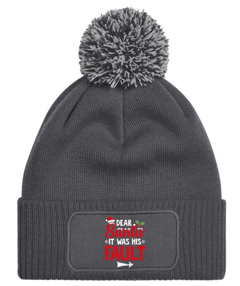 Dear Santa It Was His Fault Beanie Knitted Winter Bobble Hat Christmas Funny