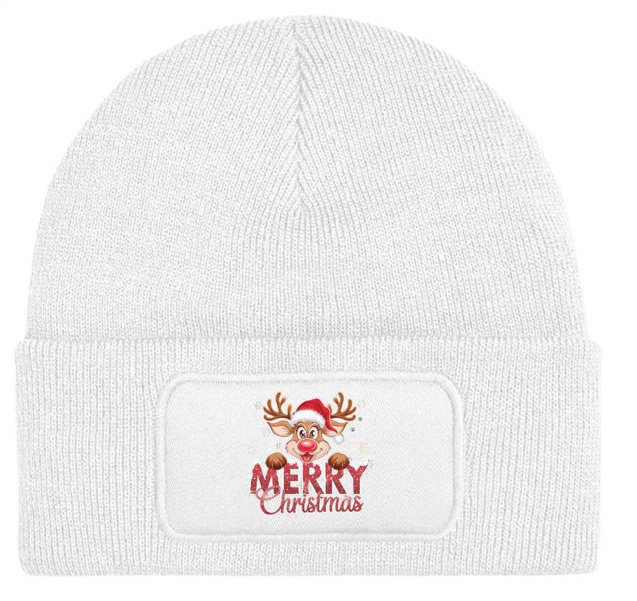 Reindeer "Merry Christmas" Beanie Knitted Winter Hat Unisex Seasonal Festive