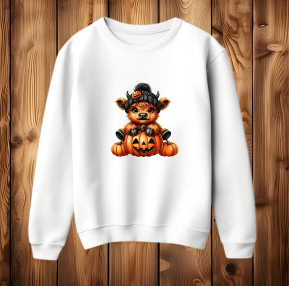 Highland Cow Pumpkin Halloween Autumn Fall Womens Fleece-lined Sweatshirt Jumper