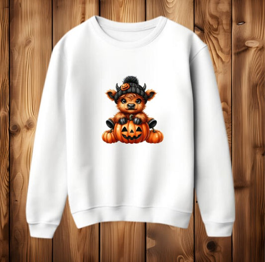 Highland Cow Pumpkin Halloween Autumn Fall Womens Fleece-lined Sweatshirt Jumper
