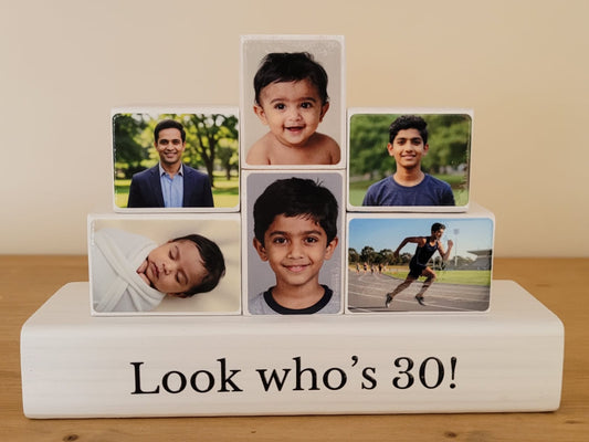 "Look Who's..." Birthday Personalised Gift Wooden Photo Blocks
