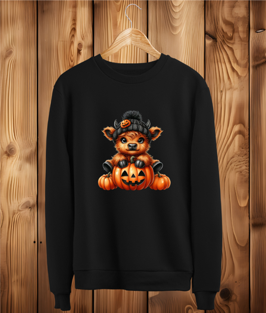 Highland Cow Pumpkin Halloween Womens Black Sweatshirt Jumper