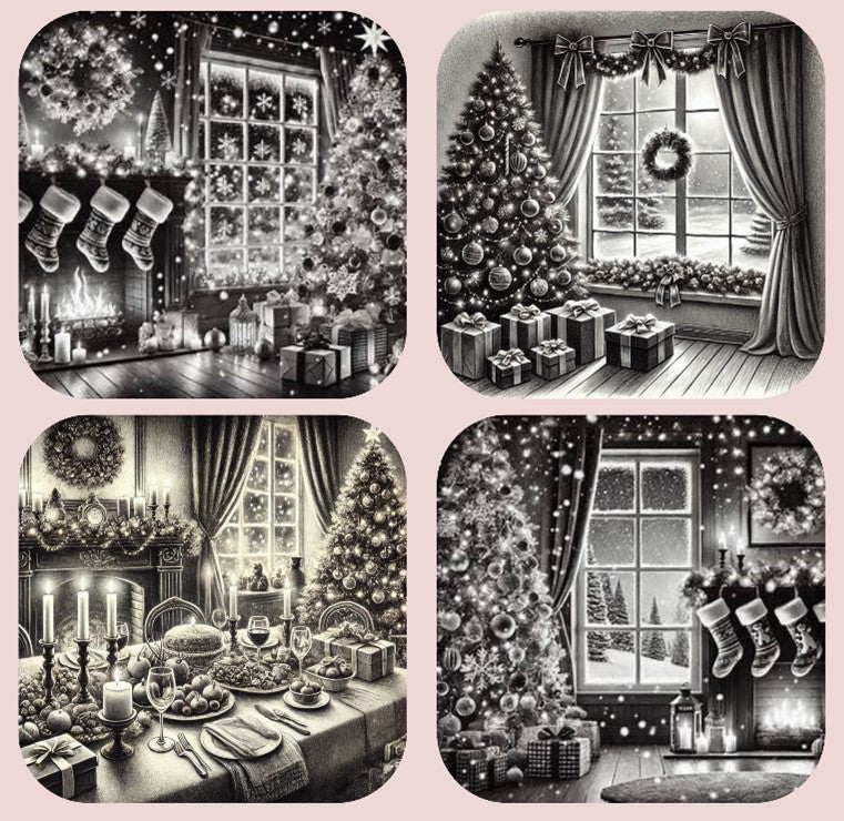 Black and White Effect Magical Christmas Scenes Set of 4 Coasters