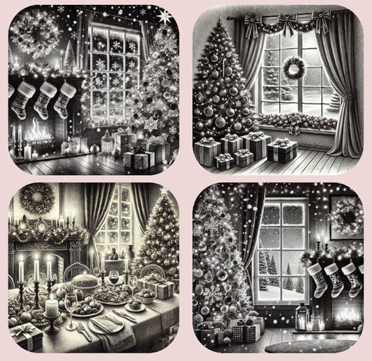 Black and White Effect Magical Christmas Scenes Set of 4 Coasters