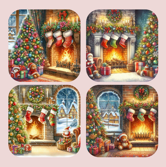 Vintage Traditional Christmas Fireplace Set of 4 Coasters