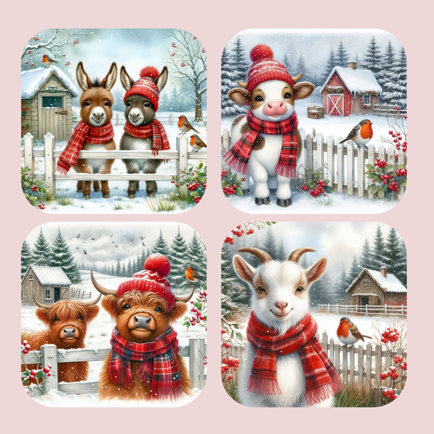 Christmas Farmyard Animals Set of 4 Coasters