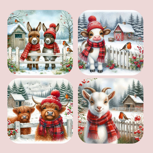 Christmas Farmyard Animals Set of 4 Coasters