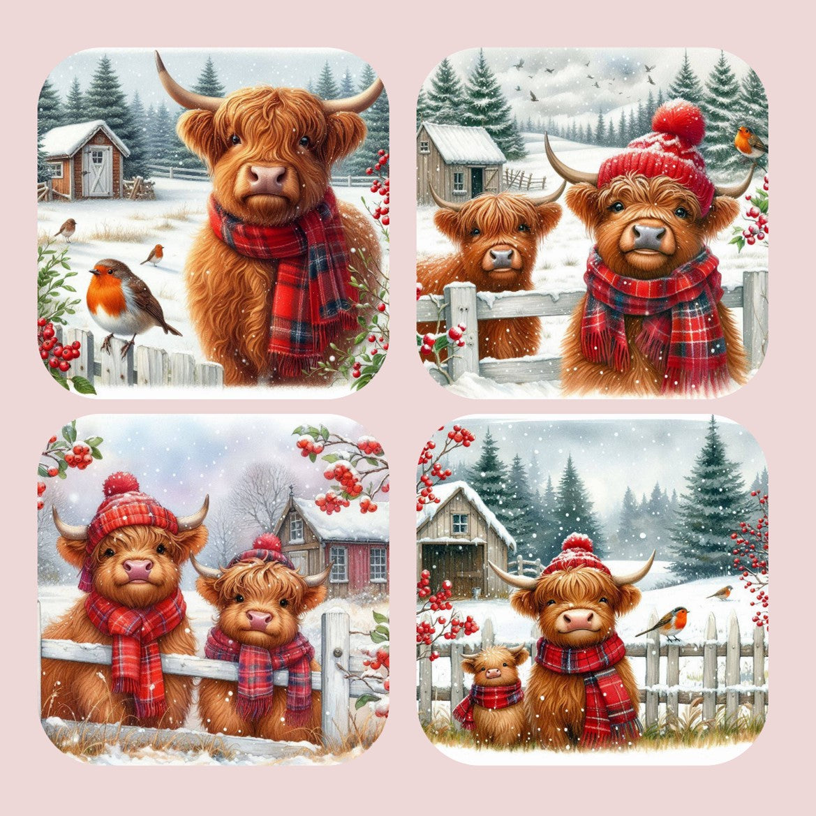 Christmas Highland Cows Set of 4 Coasters