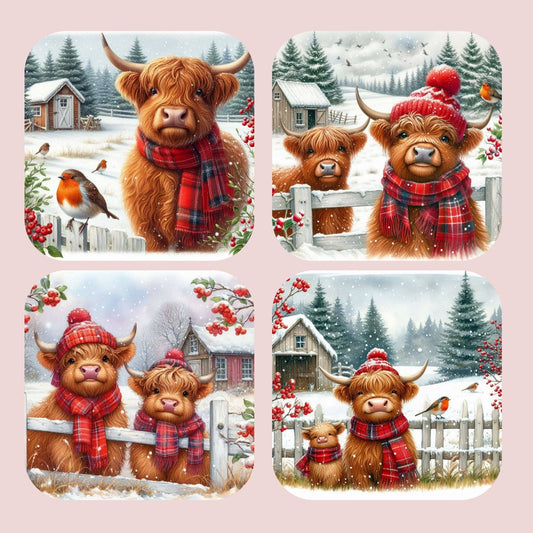 Christmas Highland Cows Set of 4 Coasters