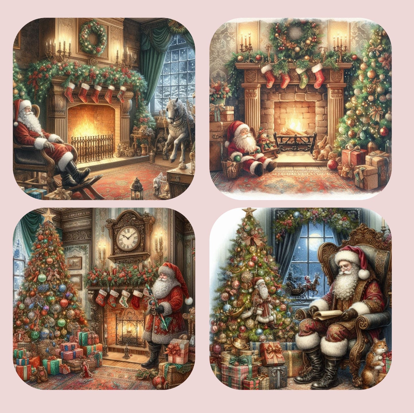 Vintage Traditional Christmas Father Christmas Set of 4 Coasters