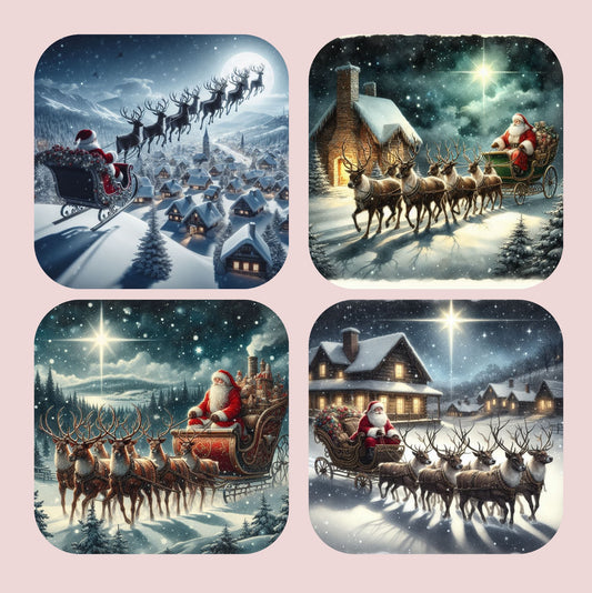 Traditional Father Christmas with Sleigh Set of 4 Coasters