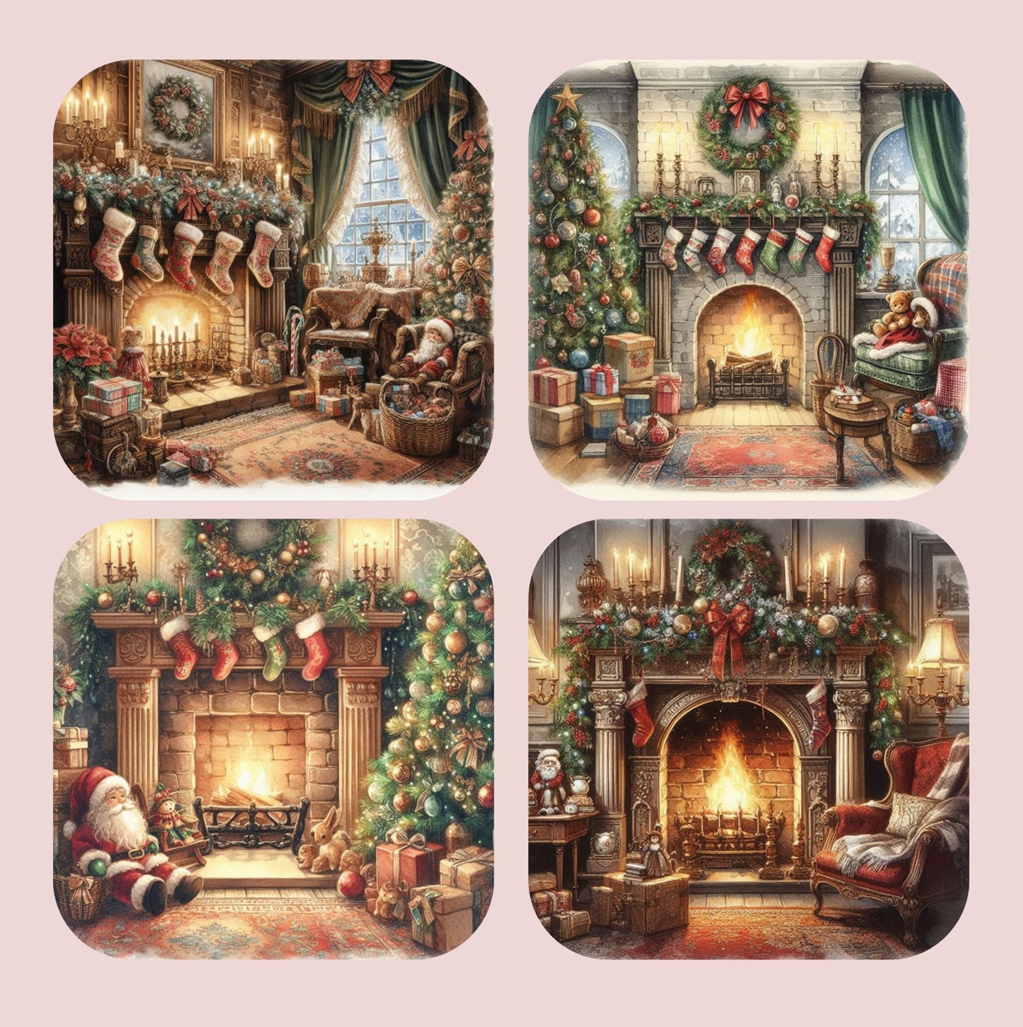 Victorian Traditional Christmas Fireplace Set of 4 Coasters