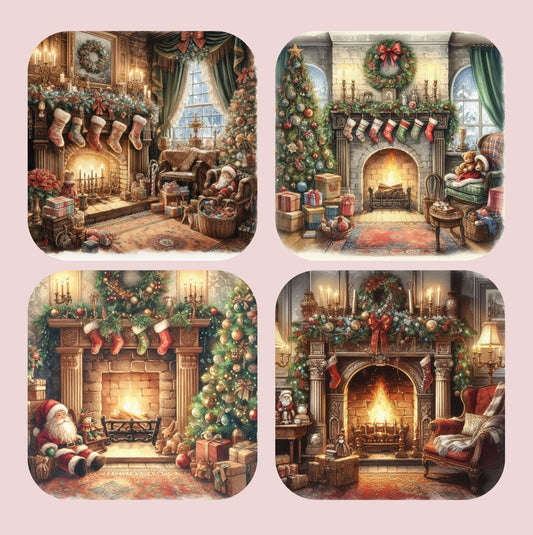 Victorian Traditional Christmas Fireplace Set of 4 Coasters