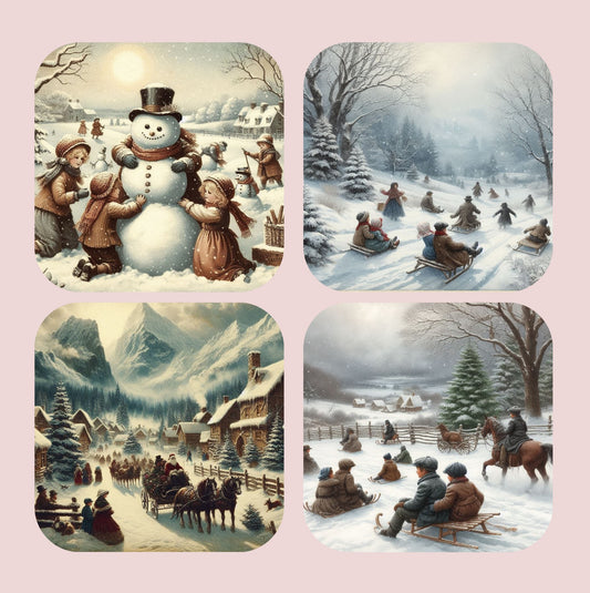 Victorian Traditional Snow Day Christmas Set of 4 Coasters