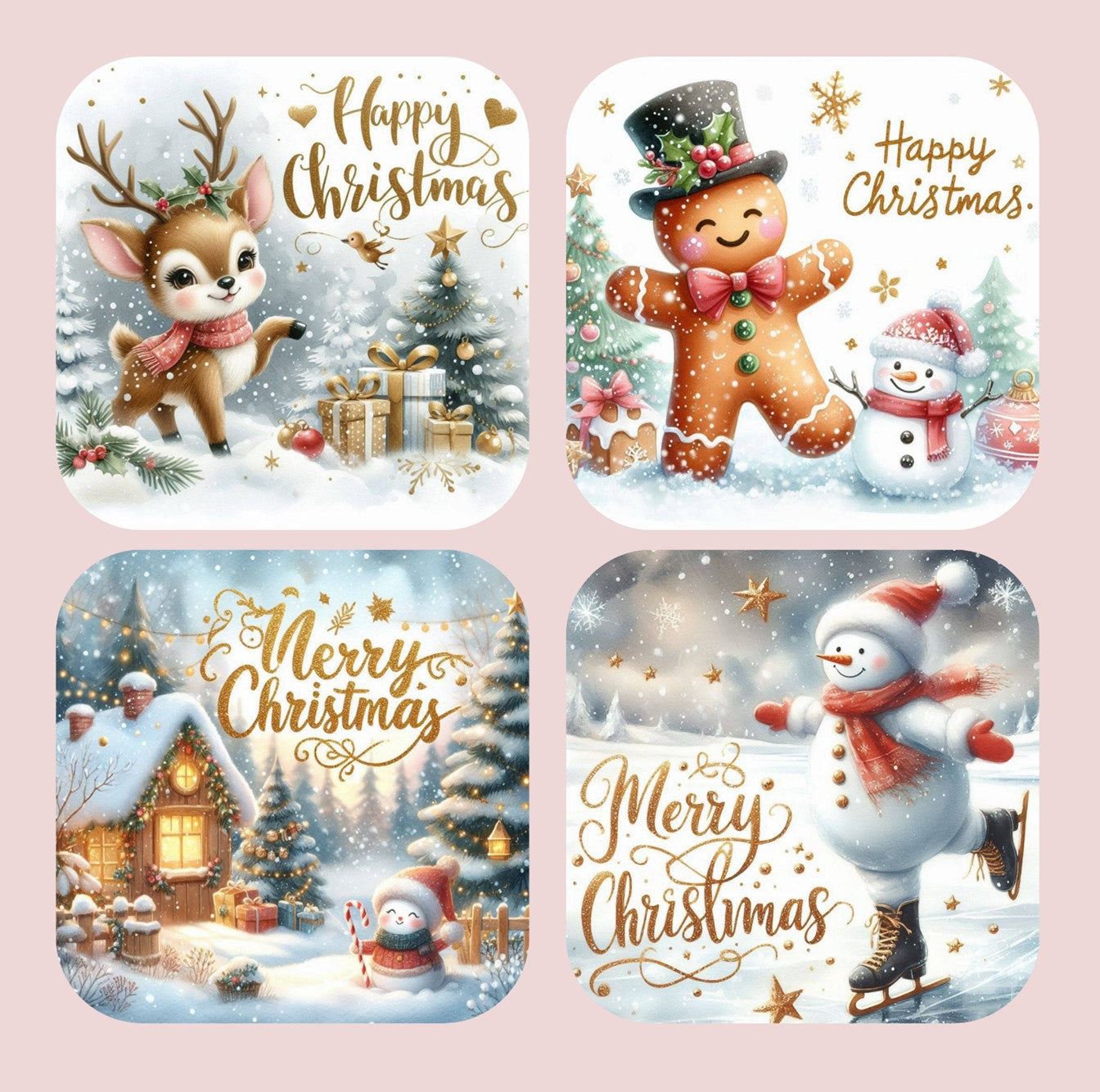 Christmas Festive Characters Snowman Reindeer Gingerbread Man Set of 4 Coasters