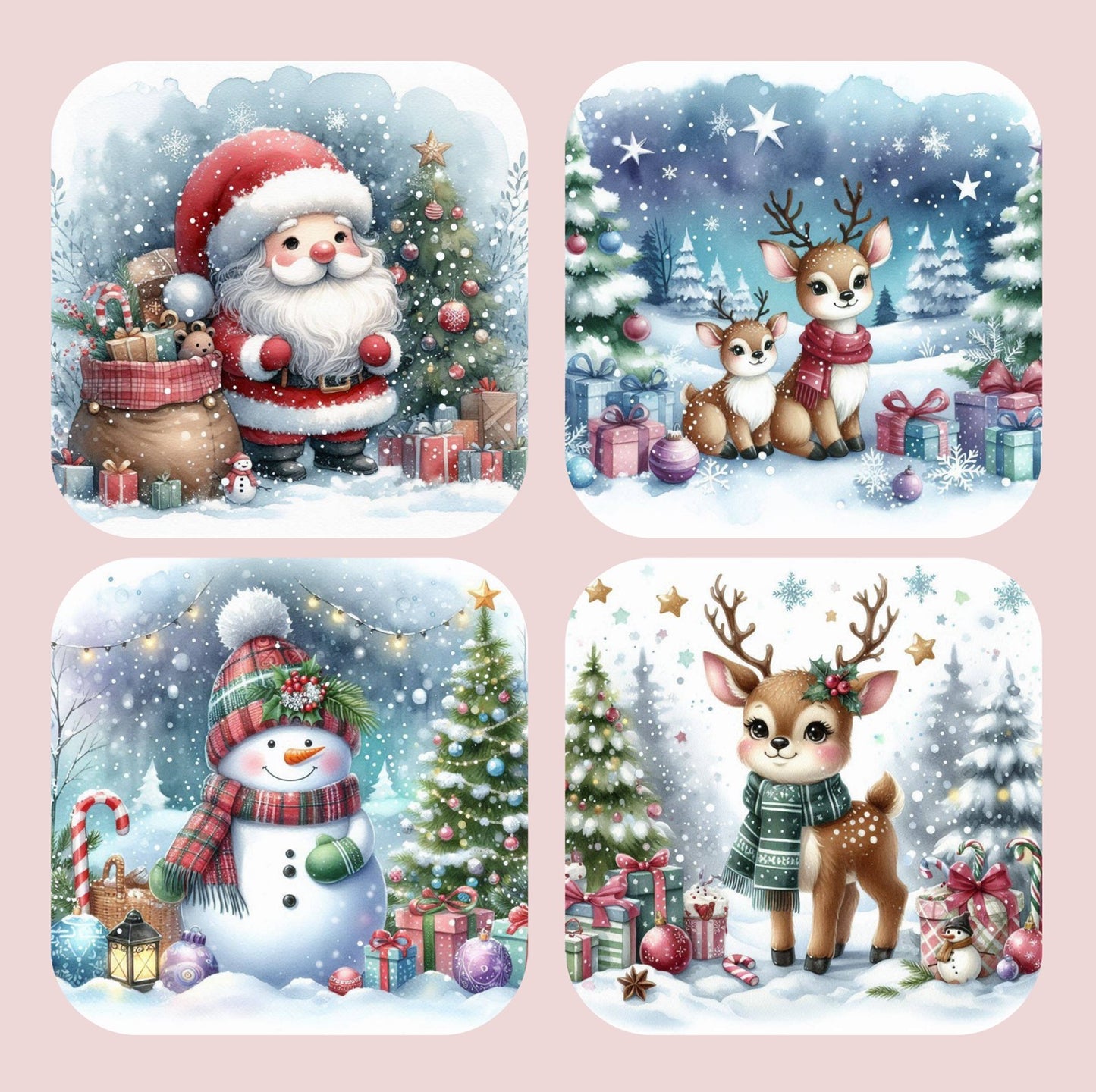 Christmas Festive Characters Snowman Santa Reindeer Set of 4 Coasters