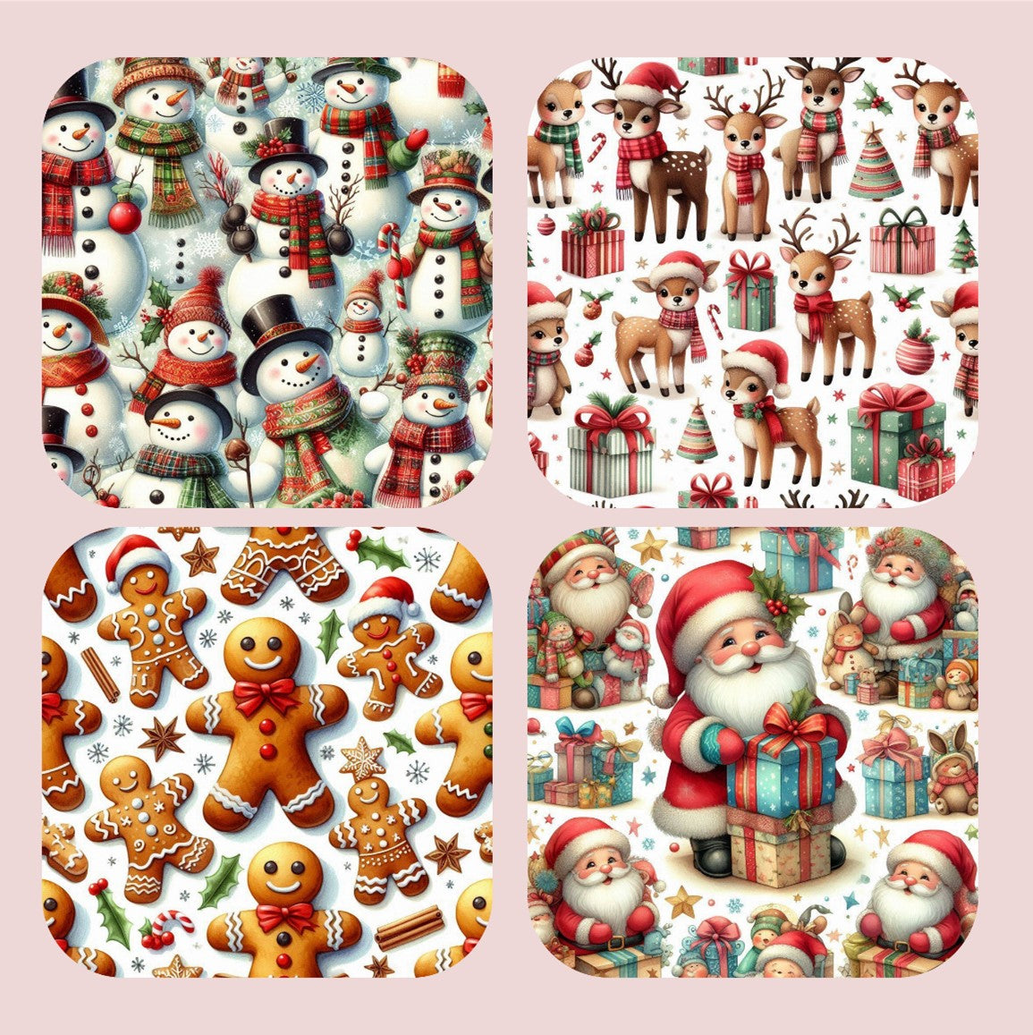 Christmas Gingerbread Snowman Santa Reindeer Set of 4 Coasters