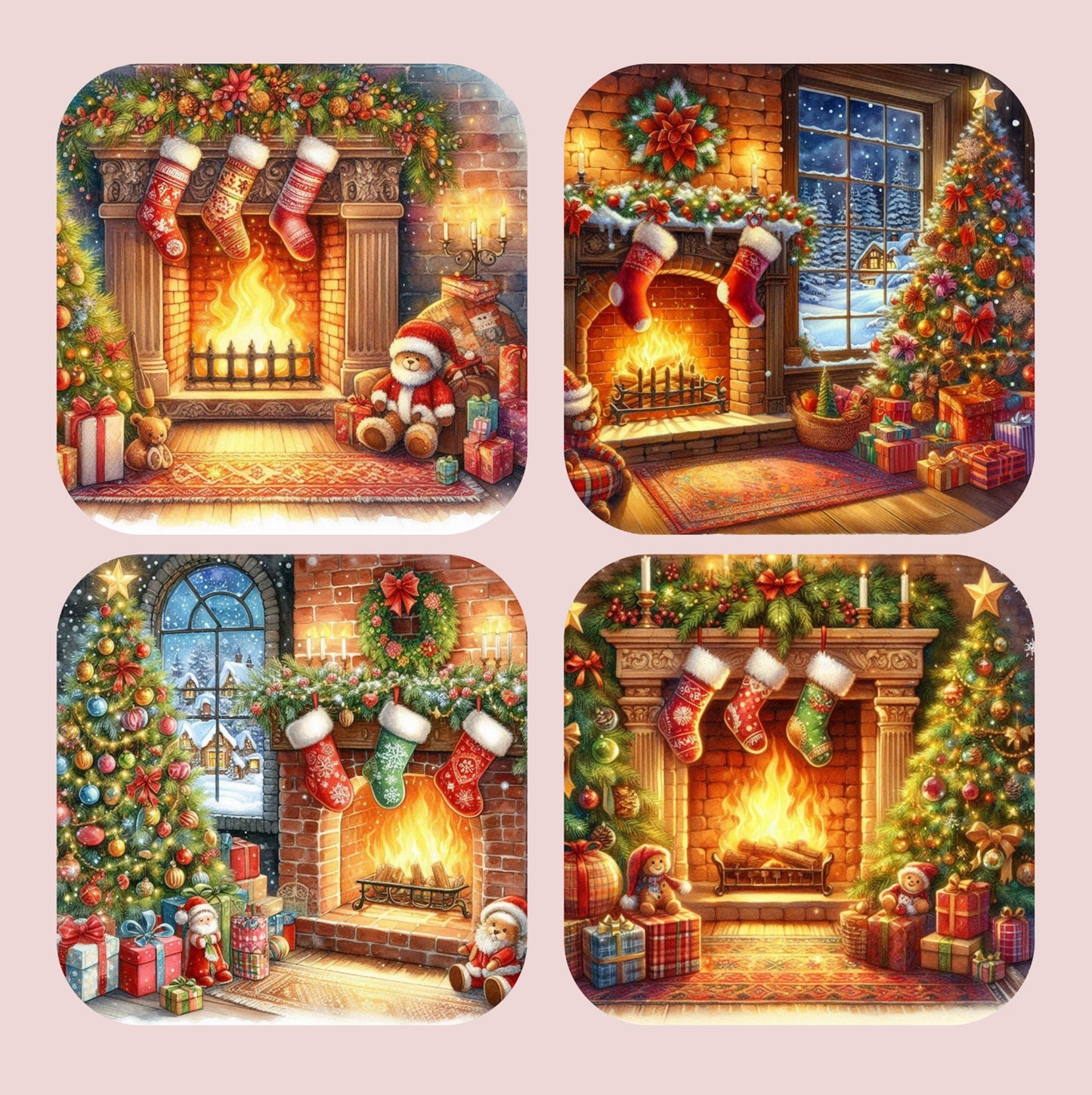 Vintage Traditional Christmas Fireplace Set of 4 Coasters