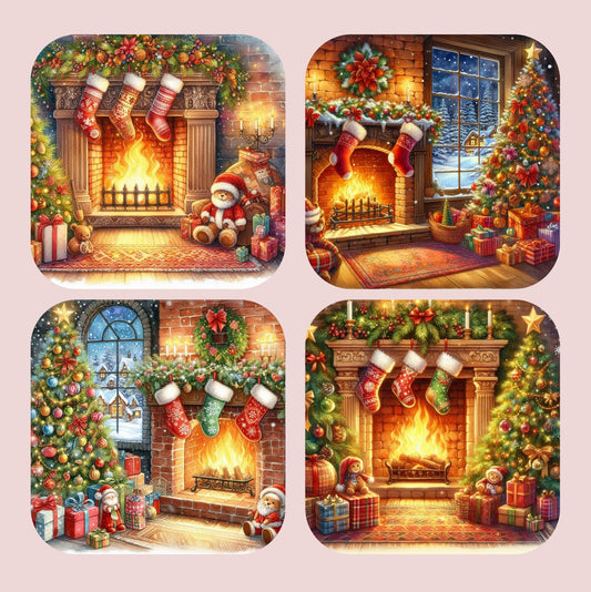 Vintage Traditional Christmas Fireplace Set of 4 Coasters