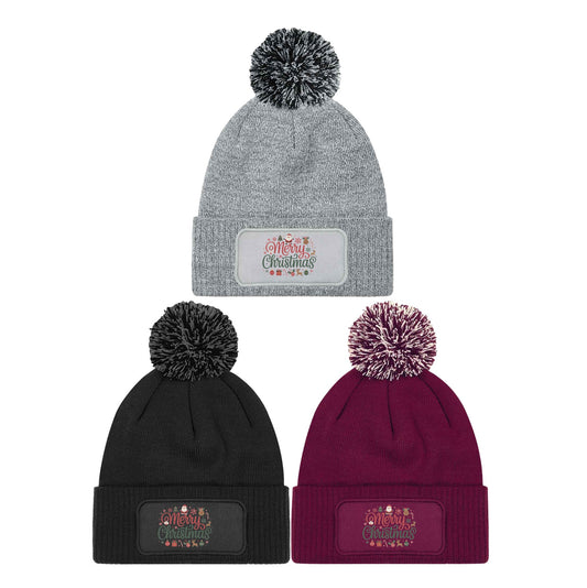 Merry Christmas Beanie Knitted Winter Bobble Hat Unisex Festive Seasonal