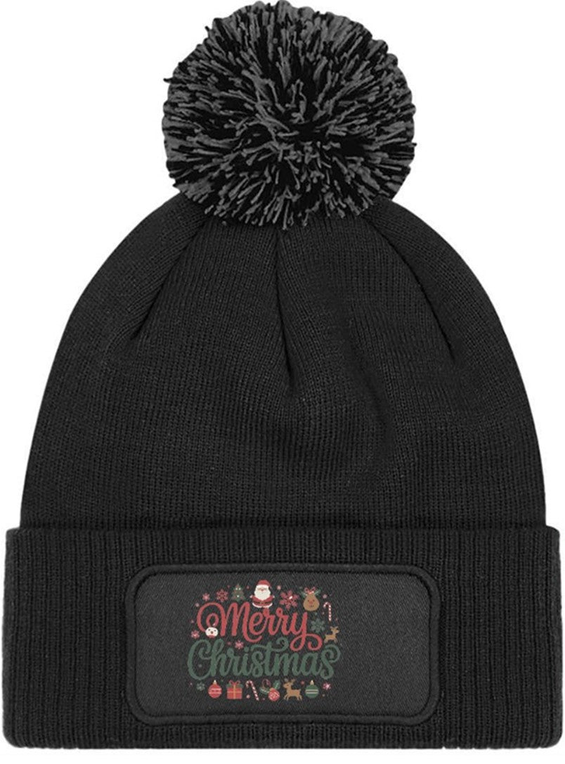 Merry Christmas Beanie Knitted Winter Bobble Hat Unisex Festive Seasonal