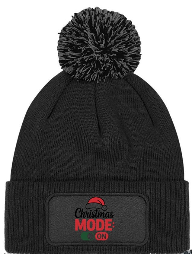 Christmas Mode On Beanie Knitted Winter Bobble Hat Unisex Festive Seasonal