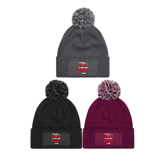 Dear Santa It Was Her Fault Beanie Knitted Winter Bobble Hat Christmas Funny