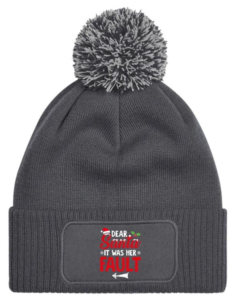 Dear Santa It Was Her Fault Beanie Knitted Winter Bobble Hat Christmas Funny
