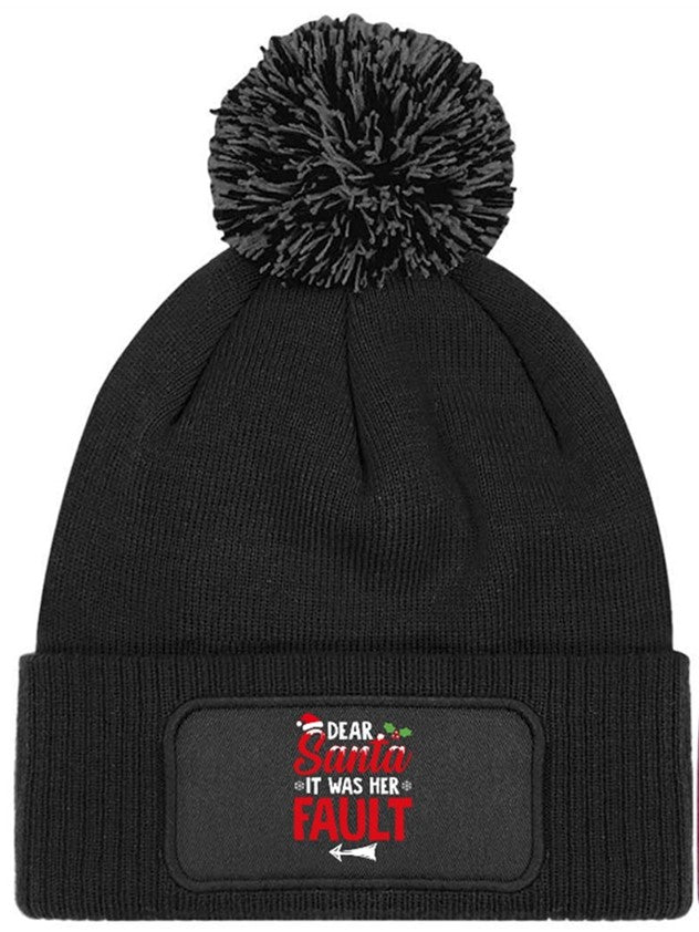 Dear Santa It Was Her Fault Beanie Knitted Winter Bobble Hat Christmas Funny