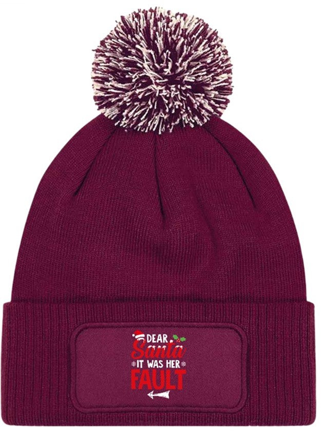Dear Santa It Was Her Fault Beanie Knitted Winter Bobble Hat Christmas Funny