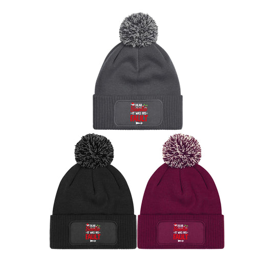 Dear Santa It Was His Fault Beanie Knitted Winter Bobble Hat Christmas Funny