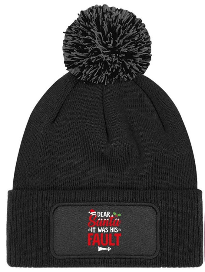 Dear Santa It Was His Fault Beanie Knitted Winter Bobble Hat Christmas Funny