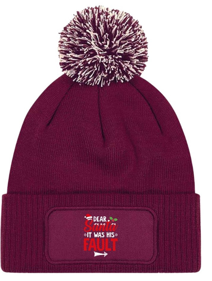 Dear Santa It Was His Fault Beanie Knitted Winter Bobble Hat Christmas Funny