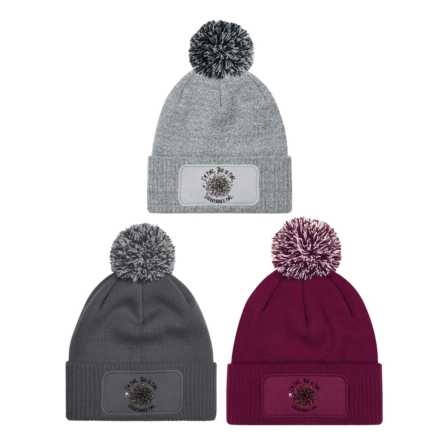 I'm Fine Funny Christmas Lights Beanie Knitted Winter Bobble Hat Unisex