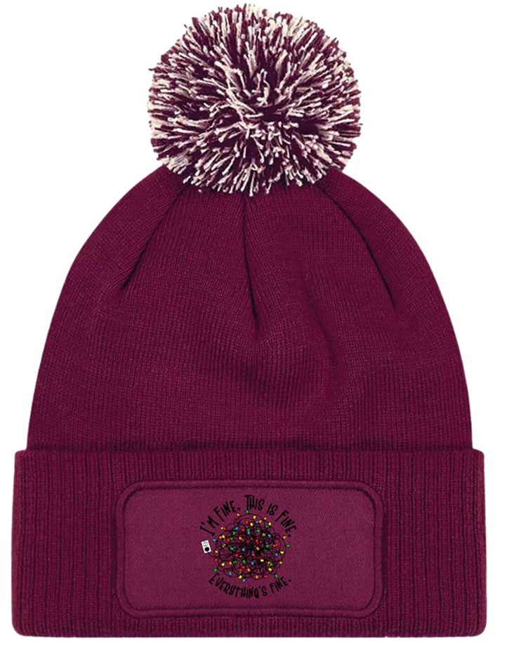 I'm Fine Funny Christmas Lights Beanie Knitted Winter Bobble Hat Unisex