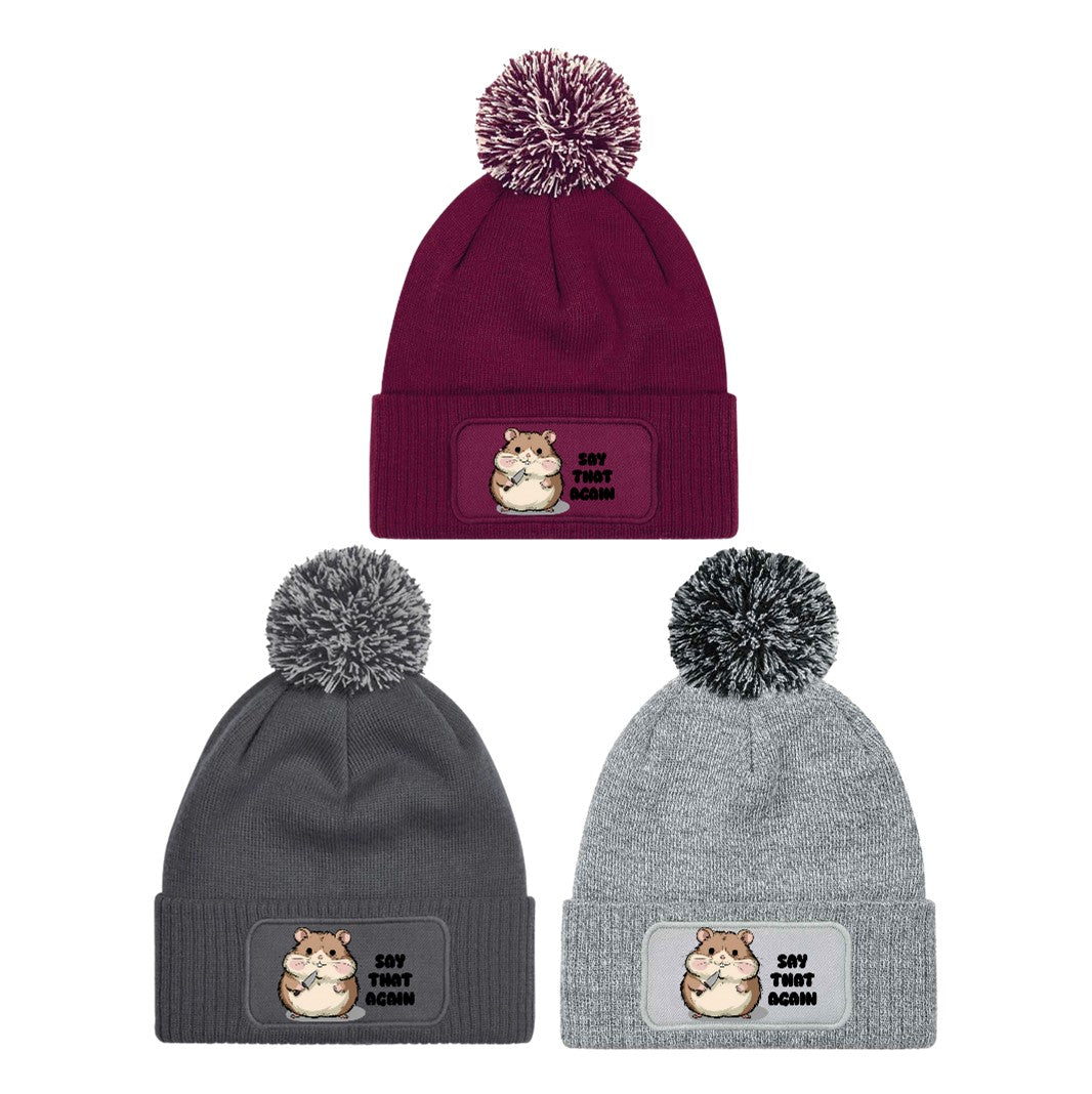 "Say that again" Funny Hamster Beanie Knitted Winter Bobble Hat Unisex