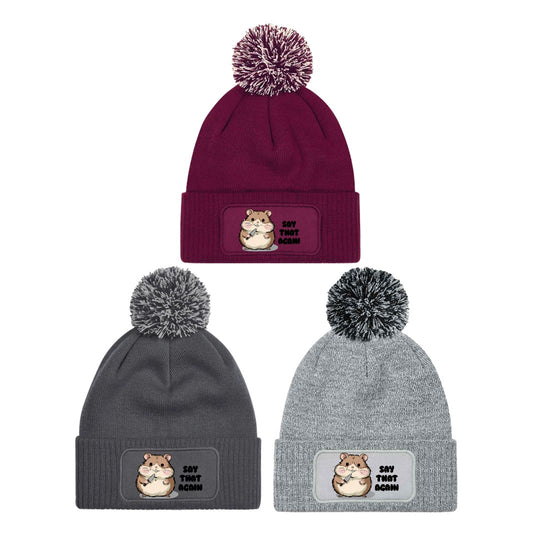 "Say that again" Funny Hamster Beanie Knitted Winter Bobble Hat Unisex
