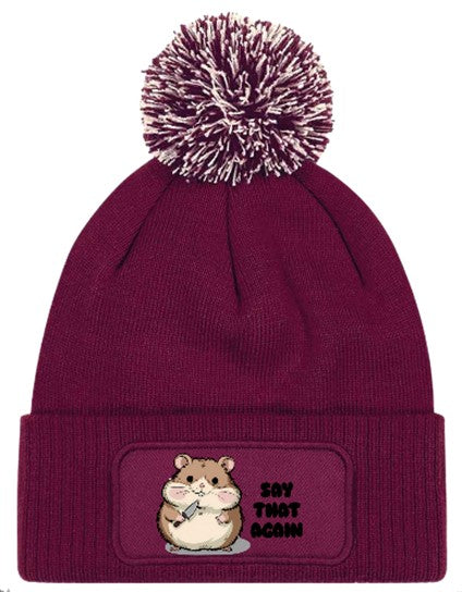 "Say that again" Funny Hamster Beanie Knitted Winter Bobble Hat Unisex