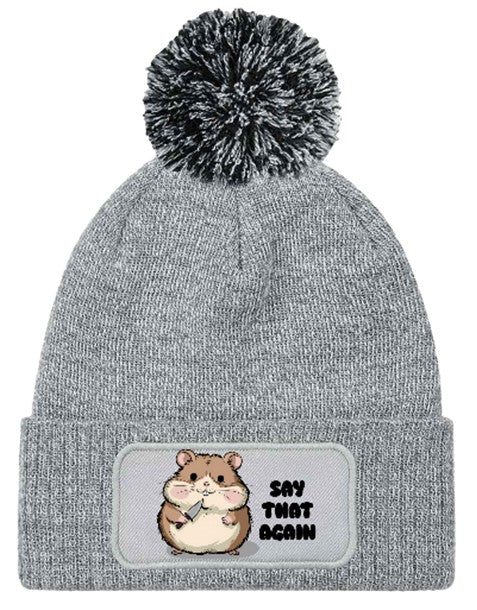 "Say that again" Funny Hamster Beanie Knitted Winter Bobble Hat Unisex