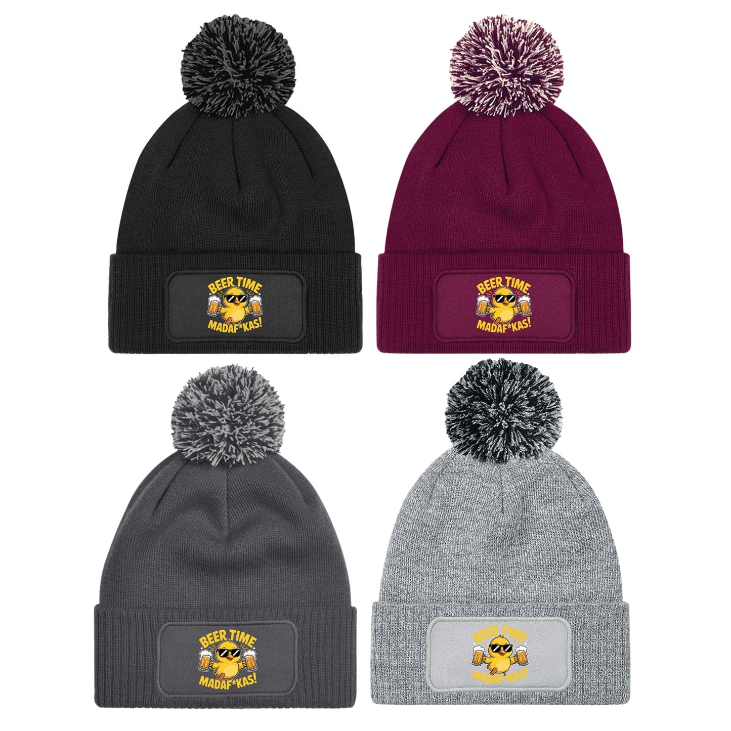 "Beer Time Madaf*kas" Funny Duck Beanie Knitted Winter Bobble Hat Unisex