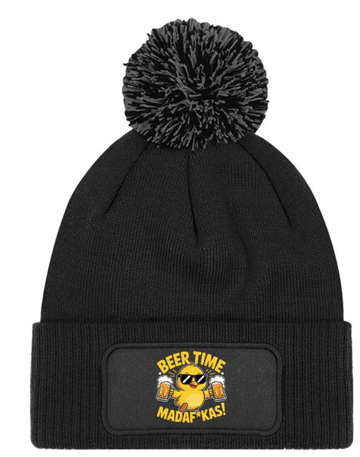 "Beer Time Madaf*kas" Funny Duck Beanie Knitted Winter Bobble Hat Unisex