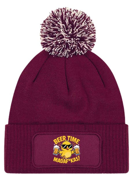 "Beer Time Madaf*kas" Funny Duck Beanie Knitted Winter Bobble Hat Unisex