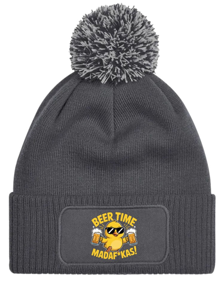 "Beer Time Madaf*kas" Funny Duck Beanie Knitted Winter Bobble Hat Unisex