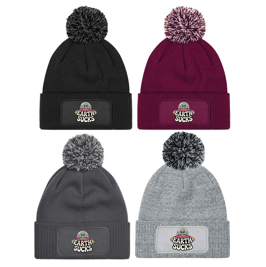 "Earth Sucks" UFO Aliens Funny Beanie Knitted Winter Bobble Hat Unisex