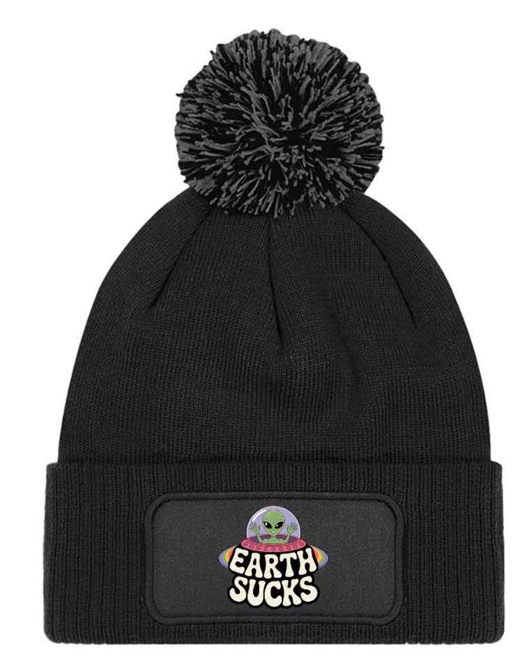 "Earth Sucks" UFO Aliens Funny Beanie Knitted Winter Bobble Hat Unisex