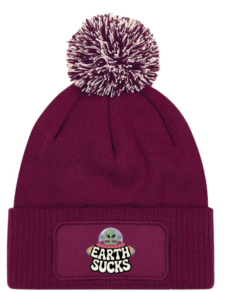"Earth Sucks" UFO Aliens Funny Beanie Knitted Winter Bobble Hat Unisex