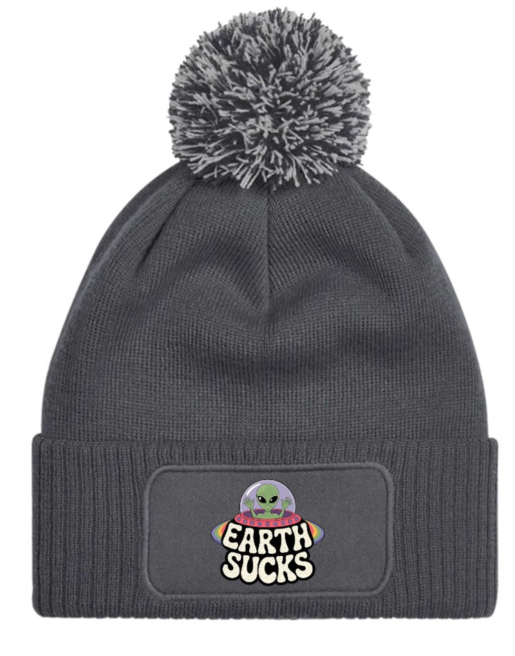 "Earth Sucks" UFO Aliens Funny Beanie Knitted Winter Bobble Hat Unisex