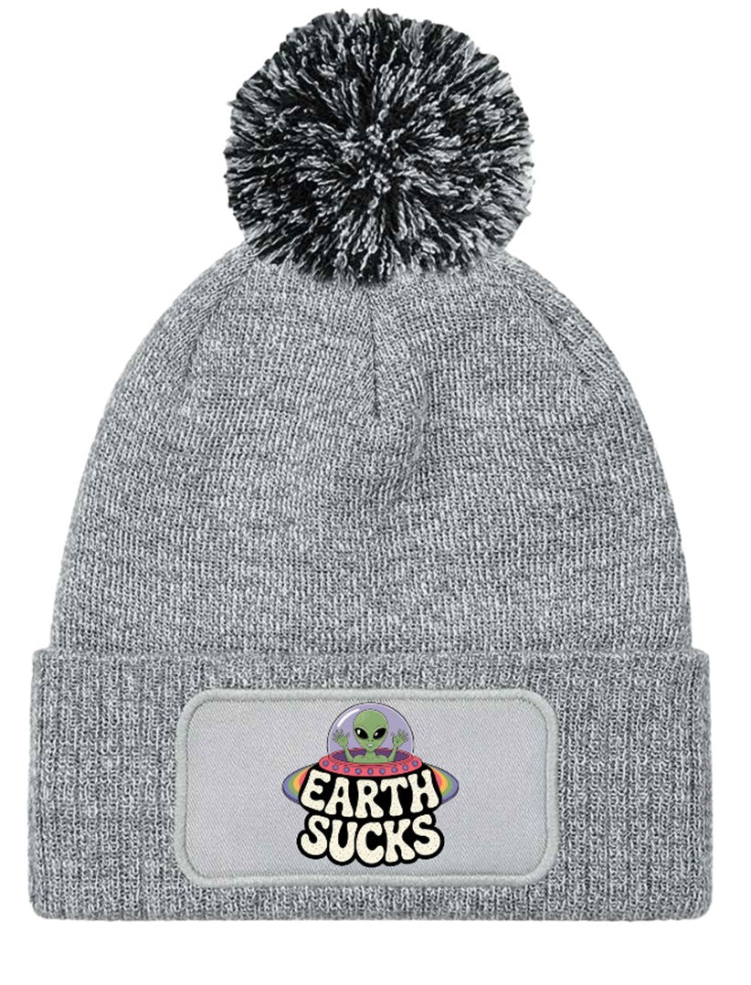 "Earth Sucks" UFO Aliens Funny Beanie Knitted Winter Bobble Hat Unisex