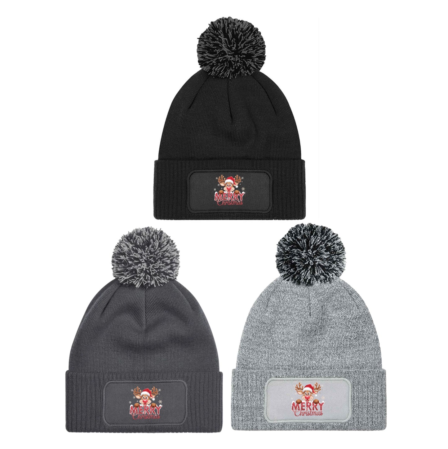 Reindeer Merry Christmas Beanie Knitted Winter Bobble Hat Unisex